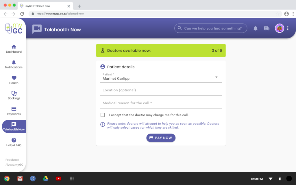 Starting a Telehealth call on desktop: pick the patient, add an optional location, and describe the medical reason for the call