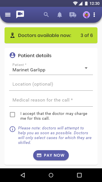 Starting a Telehealth call on mobile: pick the patient, add an optional location, and describe the medical reason for the call