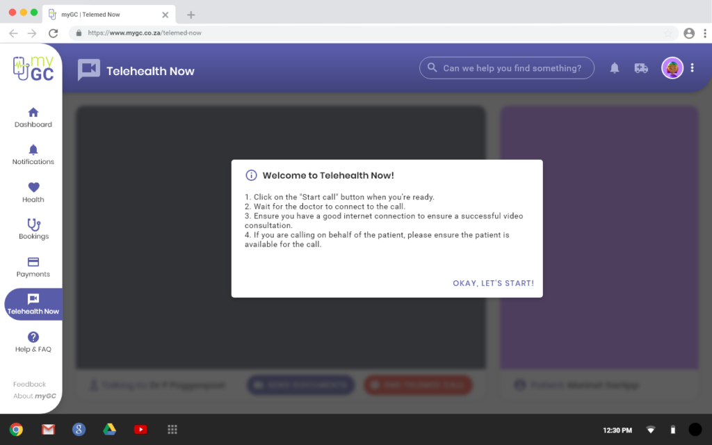 Desktop welcome screen, setting expectations before the call connects