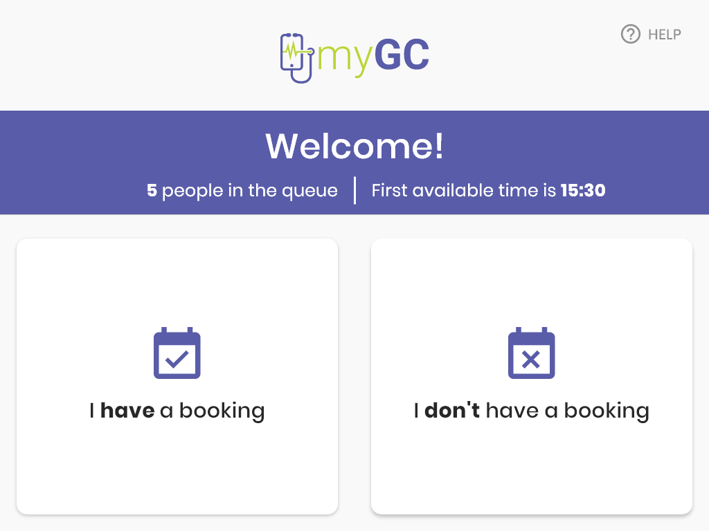 Welcome screen, showing live queue length and the first available time before the patient picks a path