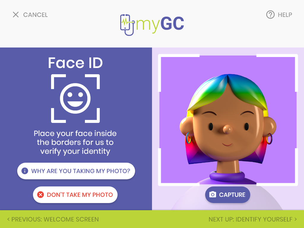 Patients verify their identity with a face capture instead of typing in details on a shared screen