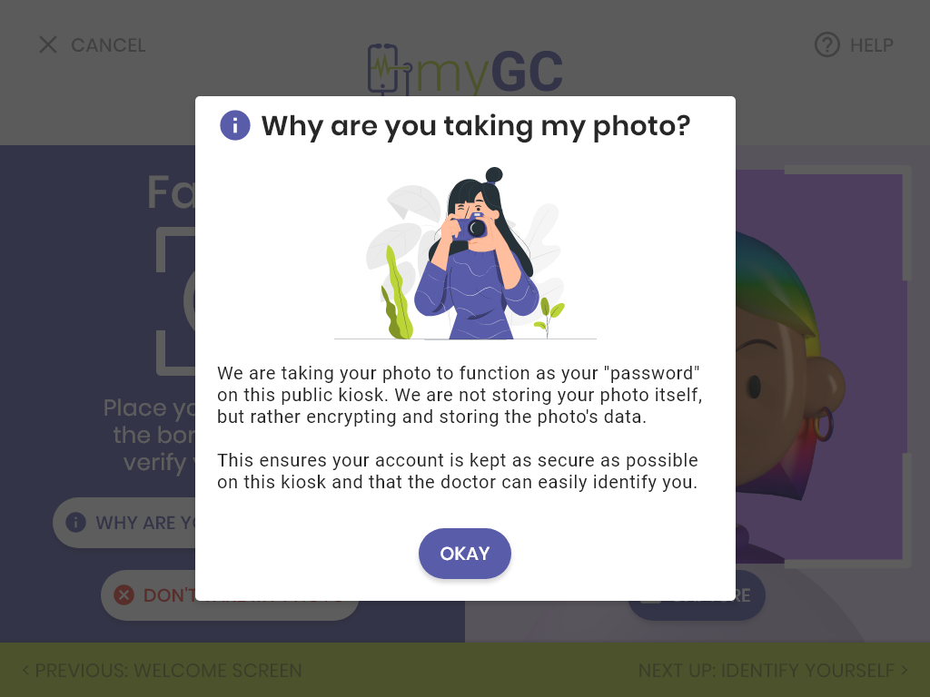 A plain-language explainer for why the photo is taken, since this is a public device and trust matters here more than on a personal phone