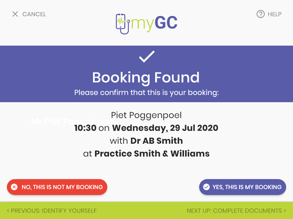 Confirming the patient's booking before check-in