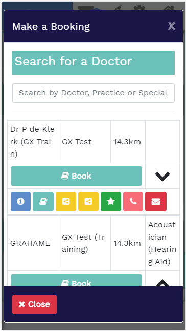 Old app, mobile: starting a new booking from the My Doctor screen
