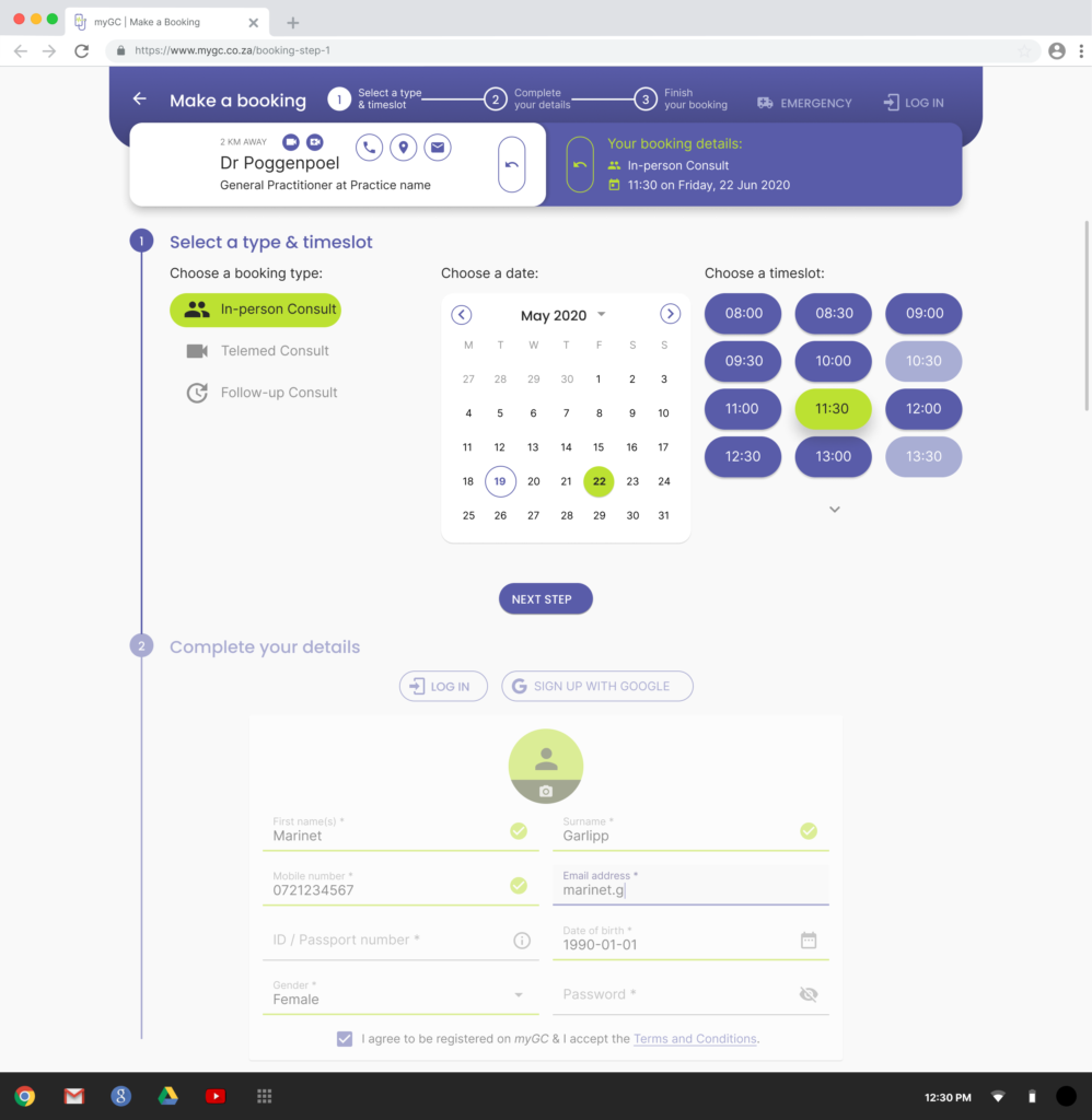 The booking page as it shipped after launch, before this fix